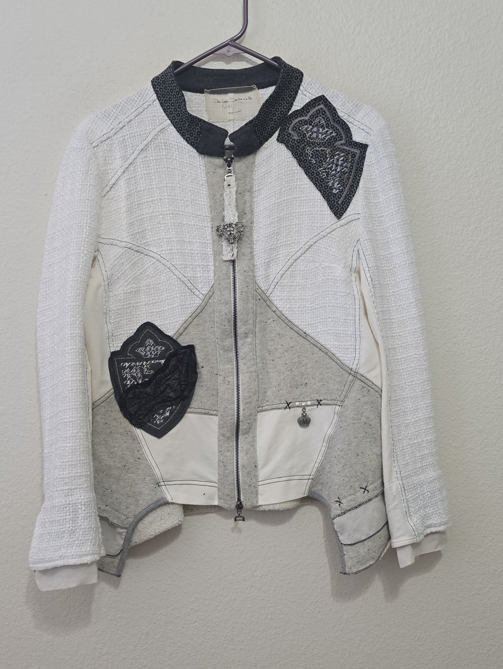 Elisa Cavaletti White & Gray Mixed-Media Embellished Zip Jacket